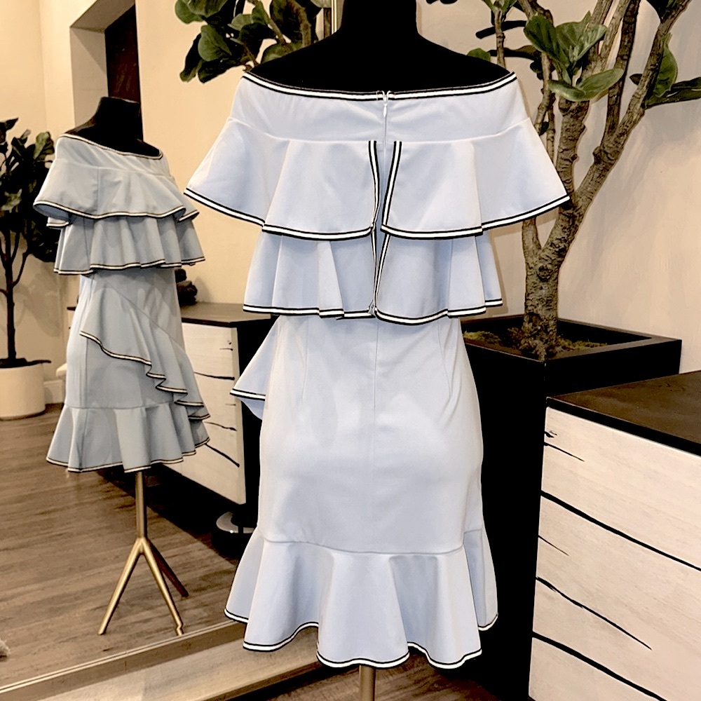 ANTHROPOLOGIE GRACIA Off Shoulder Ruffle Dress Light Blue Trimmed in B/W - Picture 7 of 12